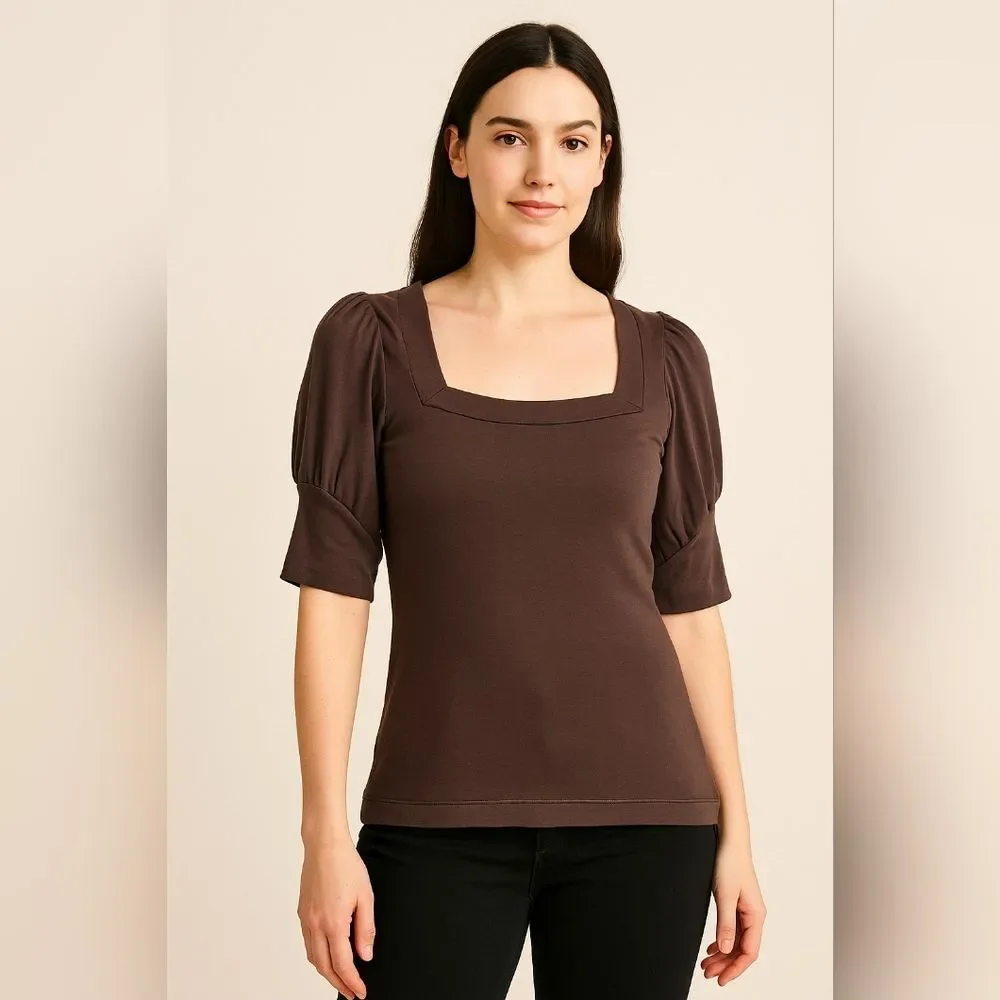 Deletta Anthropologie Brown Square Neck Top XS Puff Sleeve Stretchy Fitted Tee